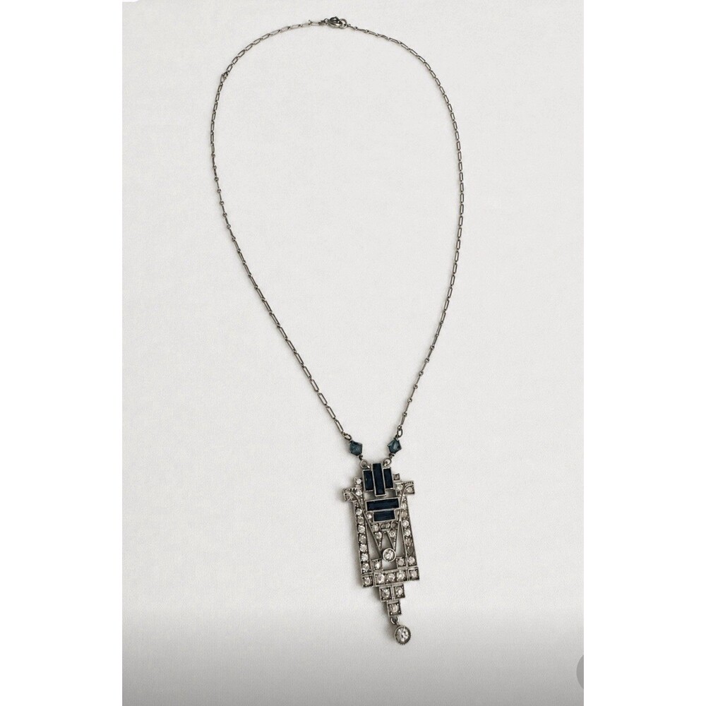 Vtg Art Deco Sterling Silver Germany Rhinestone & Blue Glass Pendant Necklace